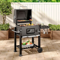 113cm Outdoor Charcoal BBQ Grill with Wheels, Thermometer, Side Shelves & Storage Rack