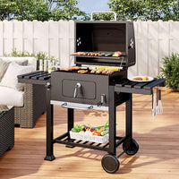 114.5cm Outdoor Charcoal BBQ Grill with Dual Stainless Steel Grates & Side Shelves