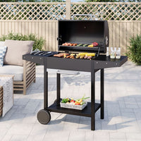 119cm Outdoor Garden Grill with Side Tables, Pull-Out Ash Tray & Wheels, Charcoal BBQ Grill with Thermometer & Storage Shelf