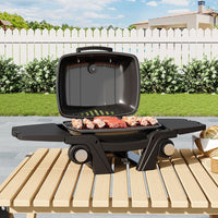 2-Burner Portable Gas BBQ Grill with Thermometer, Enamel & Cast Iron Tabletop Grill with Side Shelves & Grease Tray