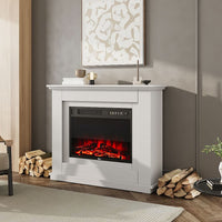 39 Inch White Electric Fire Suite Black Fireplace Heater with White Wooden Surround Set